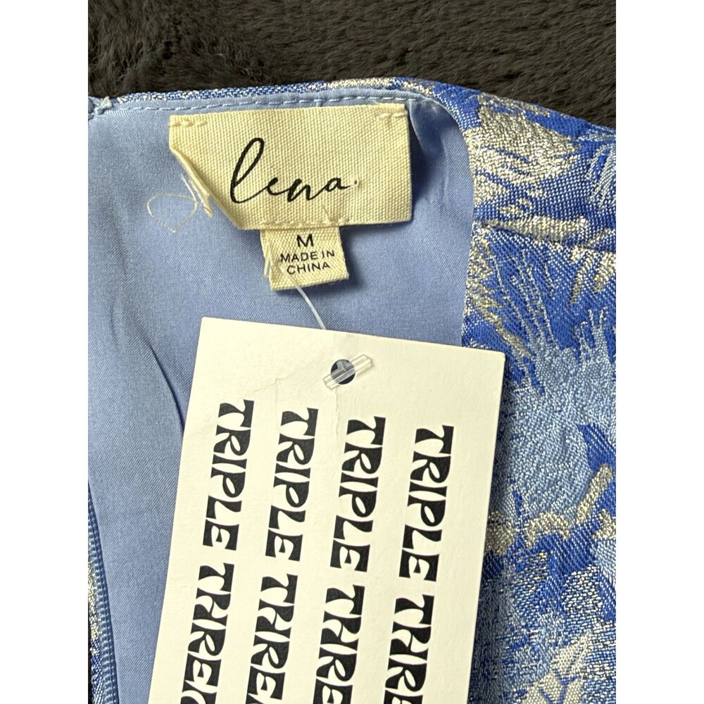 Lena Women’s M Blue Silver Floral Brocade Jacquard Puff Sleeve Mini Dress - Picture 3 of 12